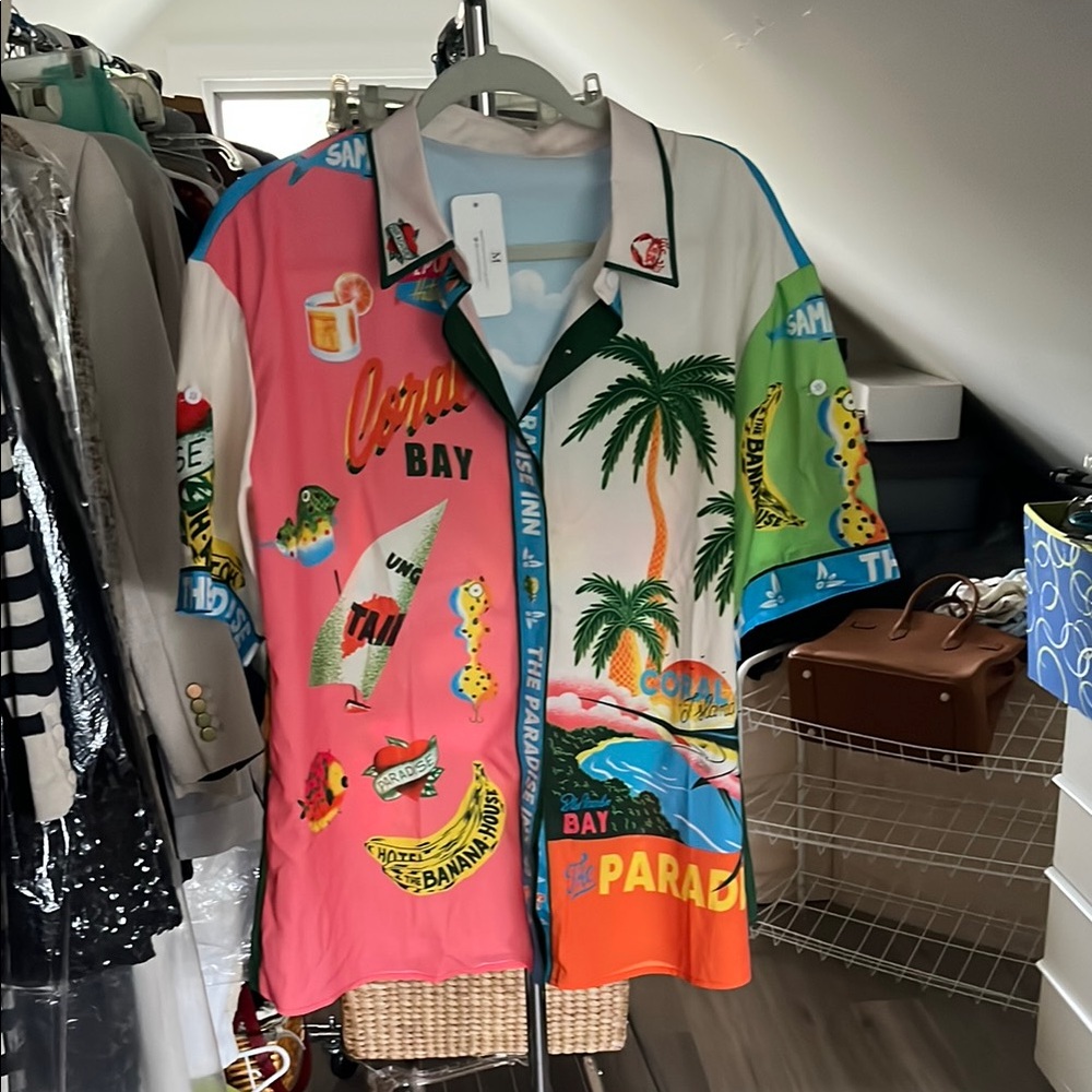 Colorful Tropical Print Button Down Shirt